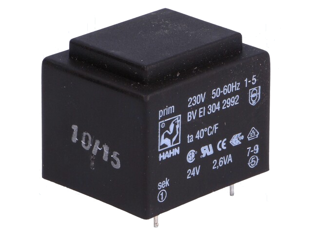 Transformator: ingegoten; 2,6VA; 230VAC; 24V; 108mA; PCB; BVEI Transformator: ingegoten; 2,6VA; 230VAC; 24V; 108mA; PCB; BVEI